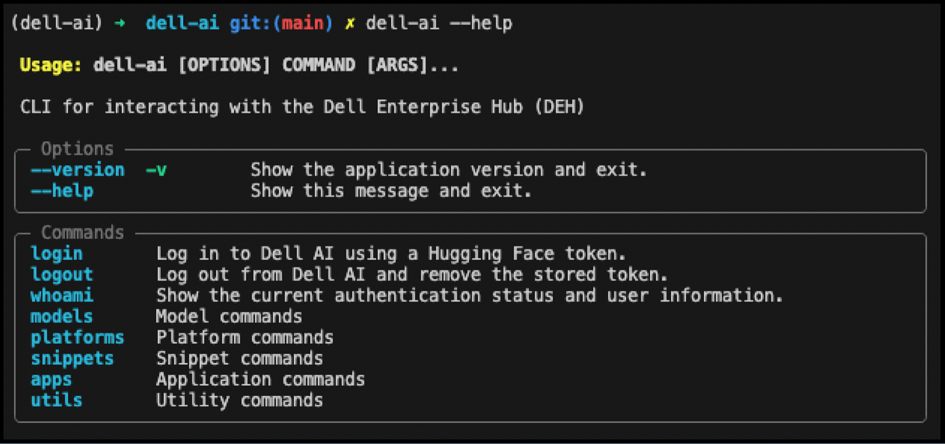 Available commands for dell-ai CLI